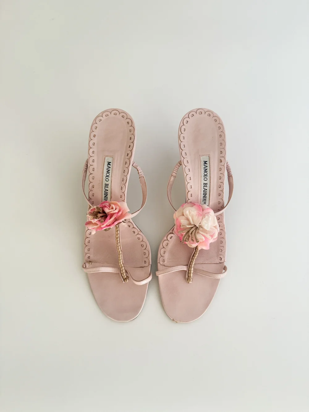 Manolo Blahnik Vintage Pink Flower Kitten Sandal Heels (US